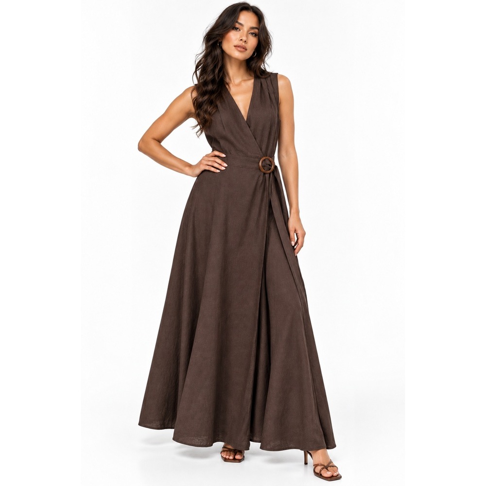 HM Brown Linen Blend Sleeveless Wrap Maxi Dress with Ring Detail Size L